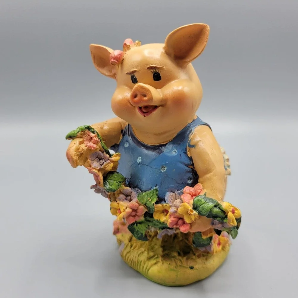 Vintage Adorable Happy Pig Figurine Blue Dress Floral Accents Home Shelf Decor